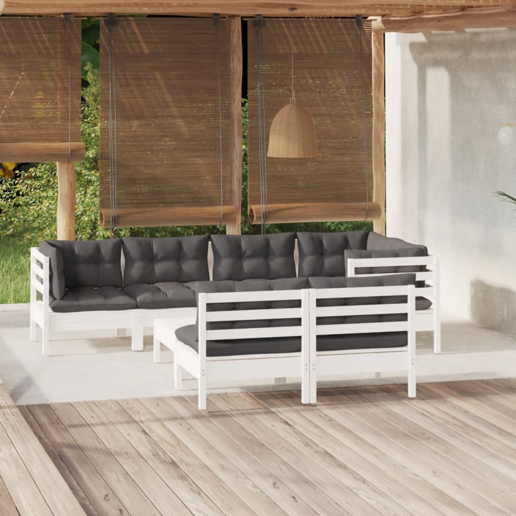 8-tlg. Garten-Lounge-Set mit Kissen Weiss Kiefer Massivholz